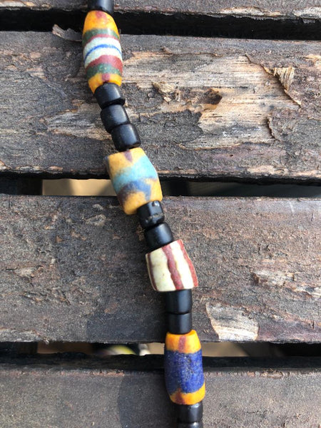 Necklace Silver and Millefiori with 3 Amber Beads