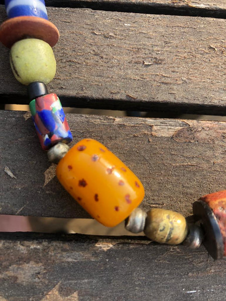 Necklace African Trade Beads: Silver and Millefiori, 3 Amber Beads