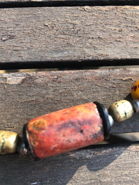 Necklace Silver and Millefiori with 3 Amber Beads