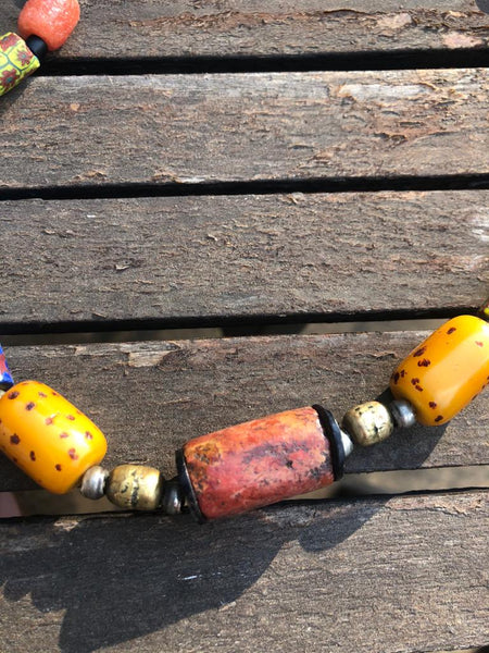 Necklace African Trade Beads: Silver and Millefiori, 3 Amber Beads