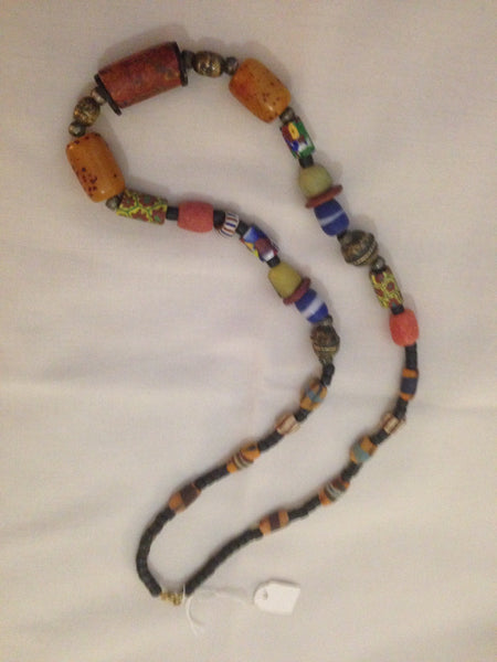 Necklace African Trade Beads: Silver and Millefiori, 3 Amber Beads