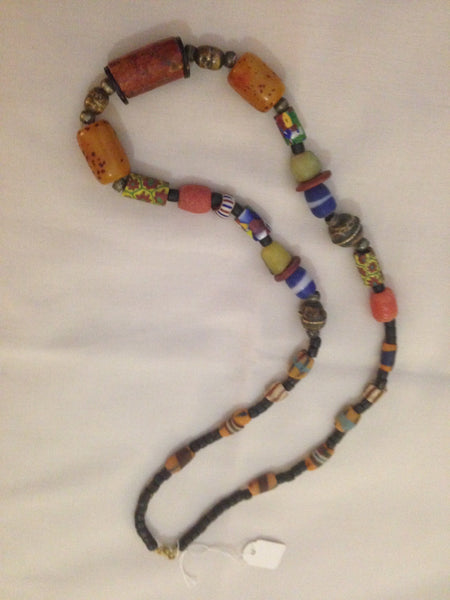 Necklace African Trade Beads: Silver and Millefiori, 3 Amber Beads