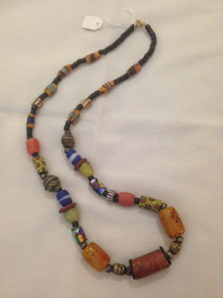 Necklace African Trade Beads: Silver and Millefiori, 3 Amber Beads