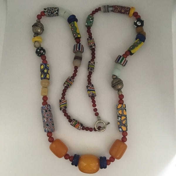 Necklace African Trade Beads: Silver and Millefiori, 3 Amber Beads