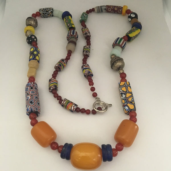 Necklace African Trade Beads: Silver and Millefiori, 3 Amber Beads