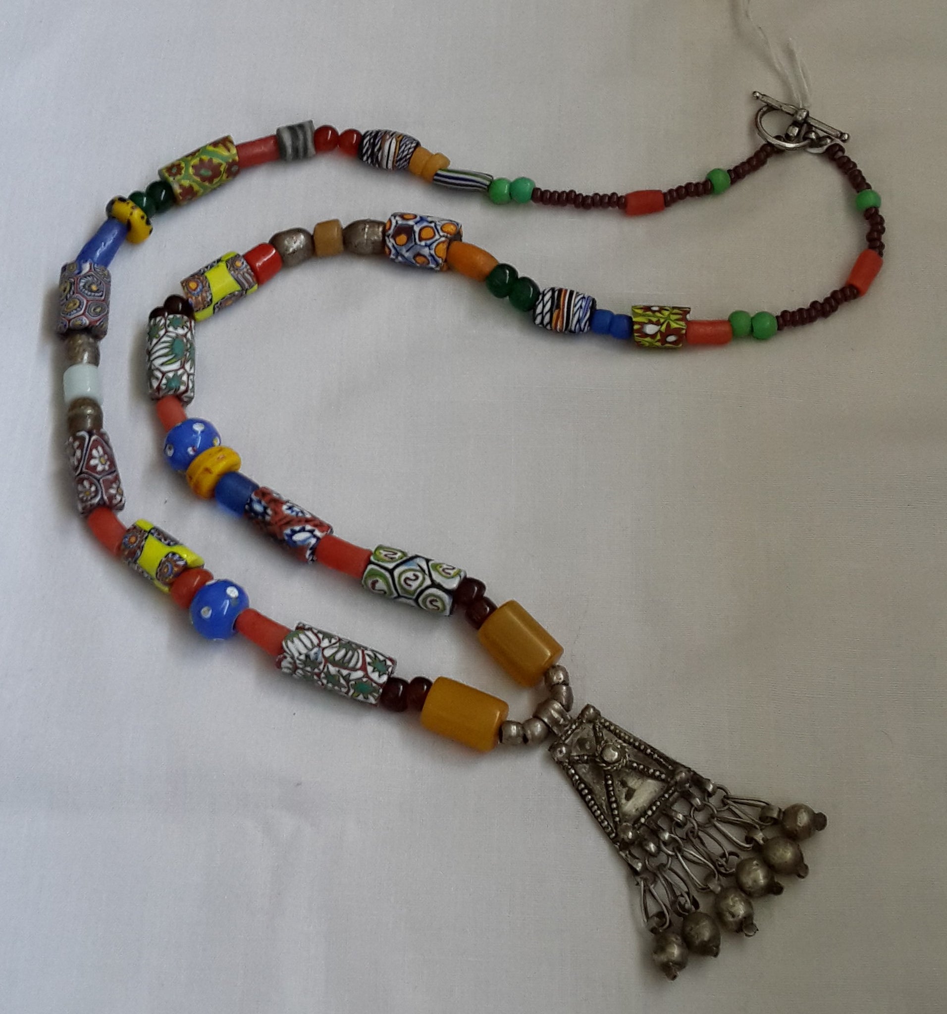 Necklace African Trade Beads: Antique Ethiopian Pendant with Amber and Millefiori