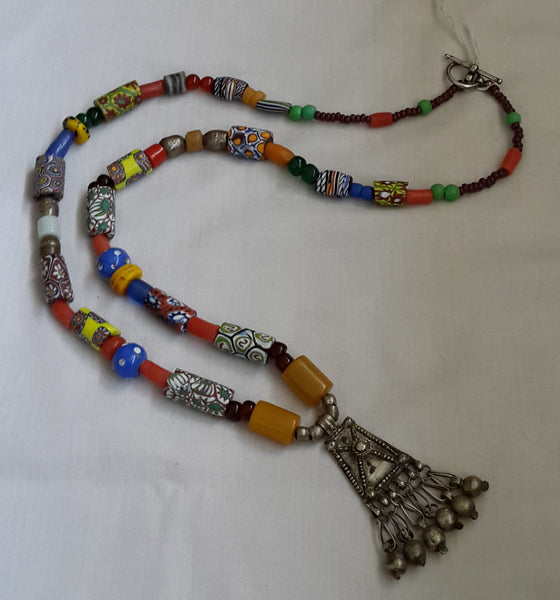 Necklace Antique Ethiopian Pendant with Amber and Millefiori