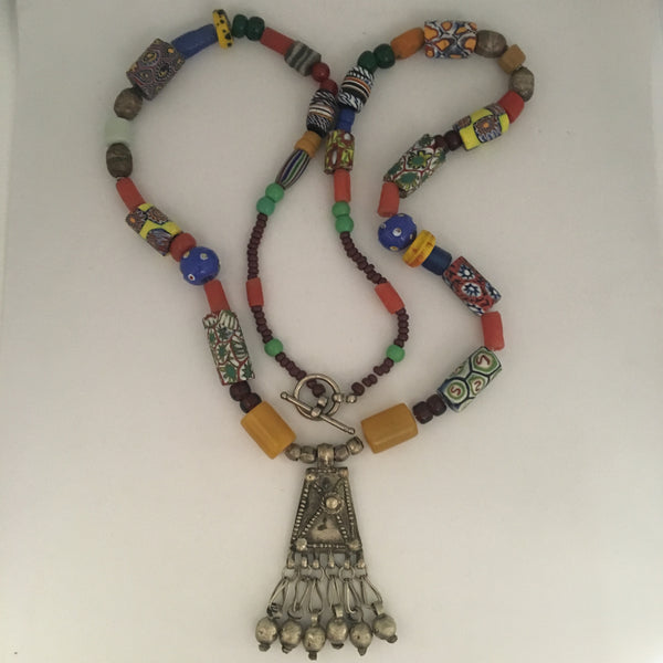 Necklace African Trade Beads: Antique Ethiopian Pendant with Amber and Millefiori