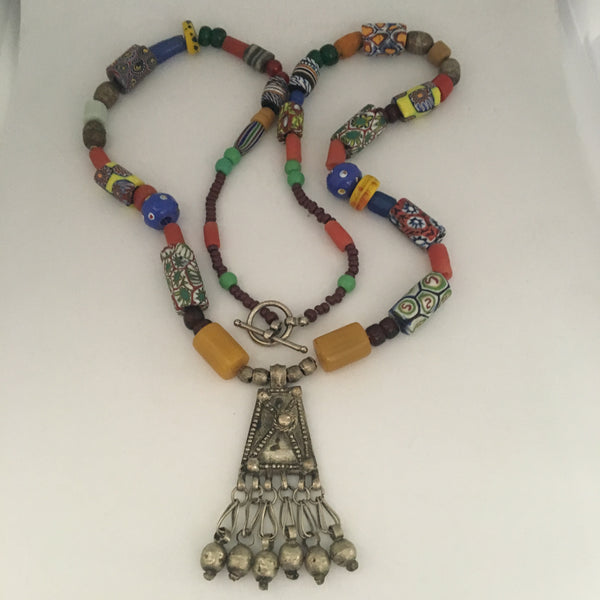 Necklace Antique Ethiopian Pendant with Amber and Millefiori