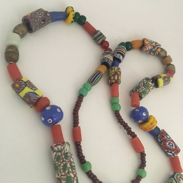 Necklace African Trade Beads: Antique Ethiopian Pendant with Amber and Millefiori