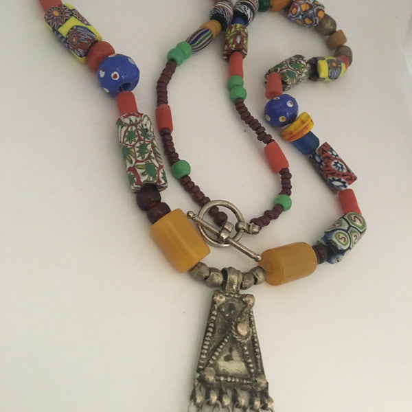 Necklace African Trade Beads: Antique Ethiopian Pendant with Amber and Millefiori