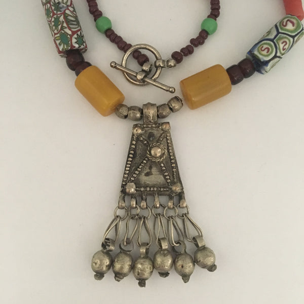 Necklace African Trade Beads: Antique Ethiopian Pendant with Amber and Millefiori