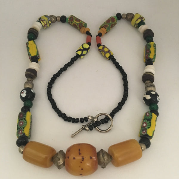 Necklace African Trade Beads: Millefiori with Amber Beads in Centre