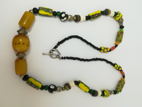 Necklace African Trade Beads: Millefiori with Amber Beads in Centre