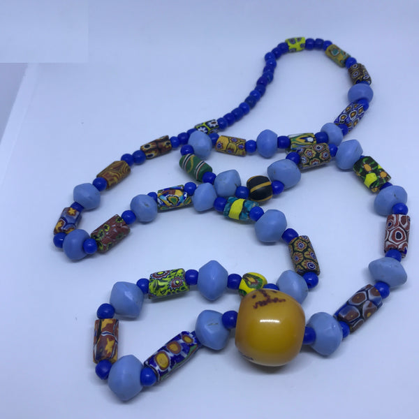 Necklace African Trade Beads: Millefiori with Round Amber Bead