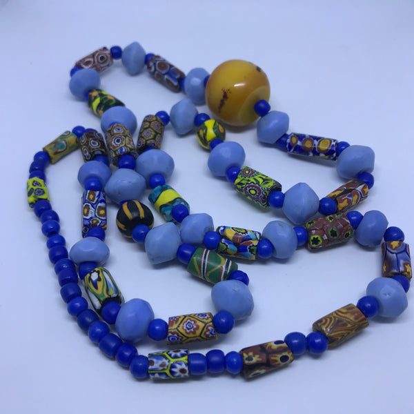 Necklace African Trade Beads: Millefiori with Round Amber Bead