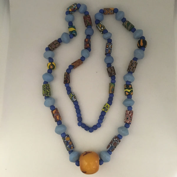 Necklace African Trade Beads: Millefiori with Round Amber Bead