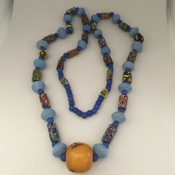 Necklace African Trade Beads: Millefiori with Round Amber Bead