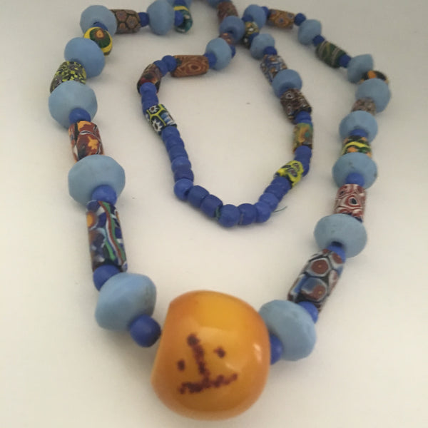 Necklace African Trade Beads: Millefiori with Round Amber Bead