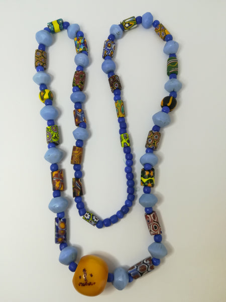 Necklace African Trade Beads: Millefiori with Round Amber Bead