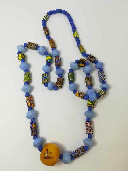 Necklace African Trade Beads: Millefiori with Round Amber Bead