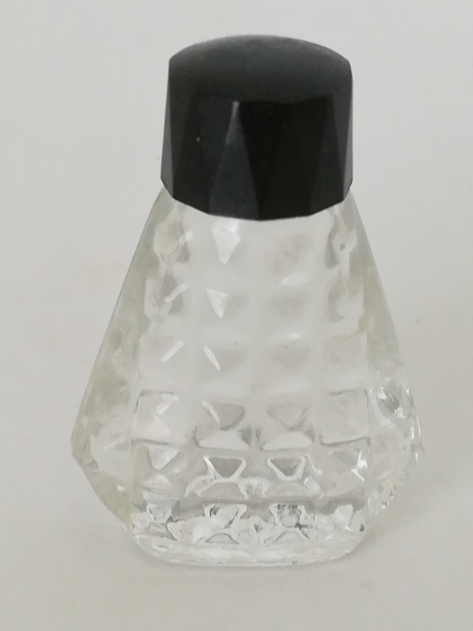 Miniature Perfume Bottle: Lovely faceted with black lid. No design house (10ml)