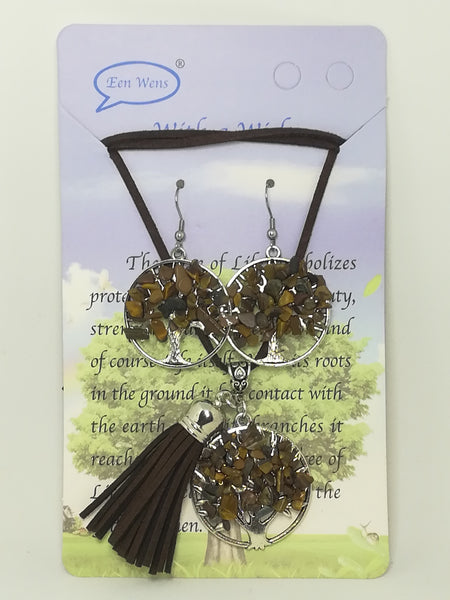 Necklace and Earring Set Tree of Life (Tiger's Eye)