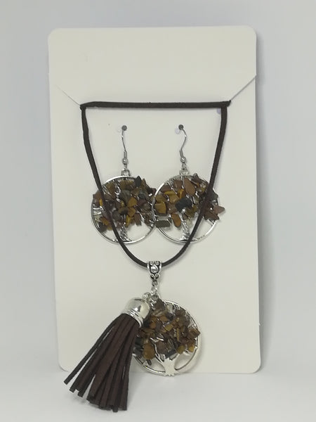 Necklace and Earring Set Tree of Life (Tiger's Eye)