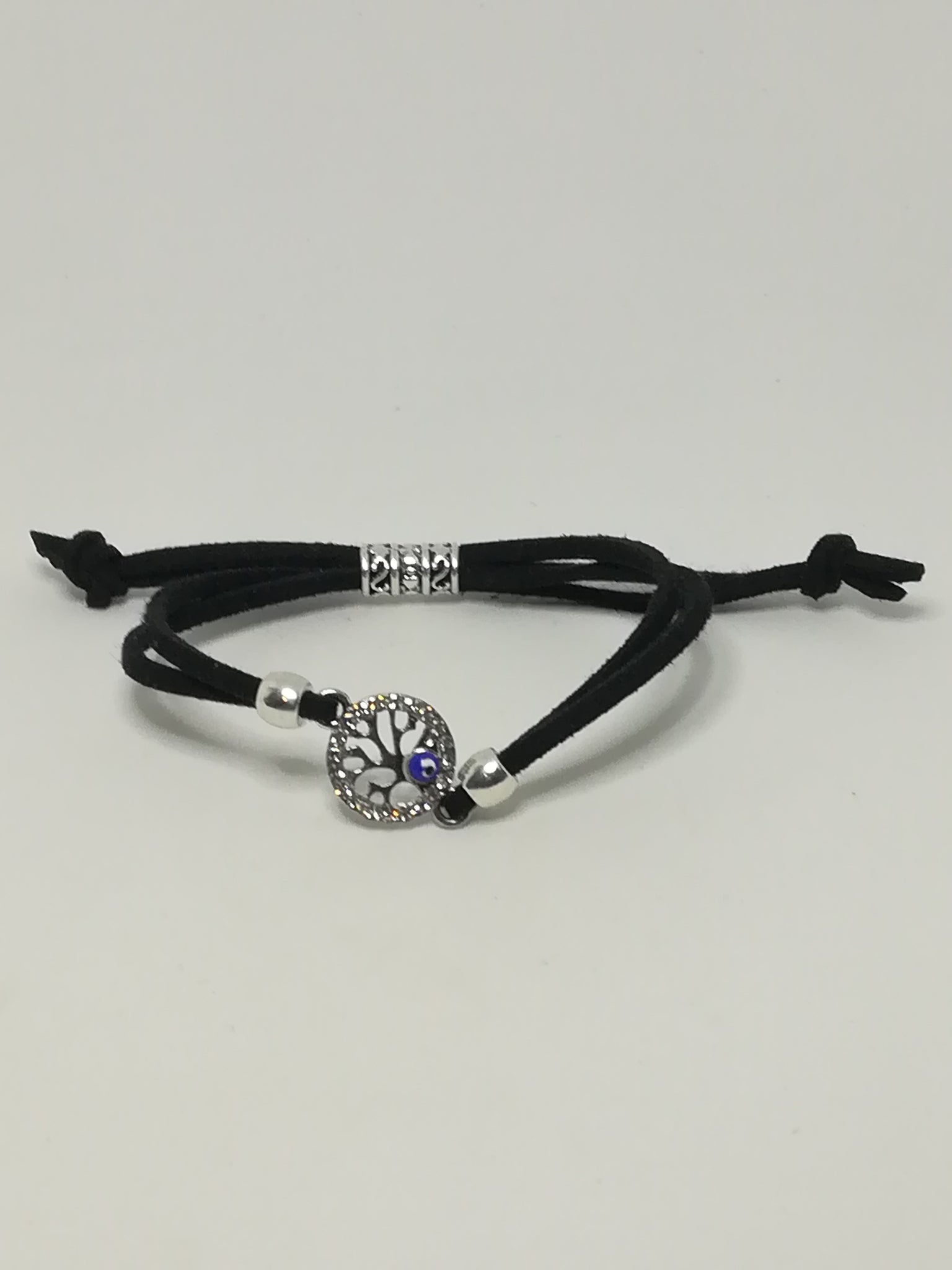 Black Rope & 'Silver' Bracelet & Round Evil Eye Charm ('Silver' & Blue)