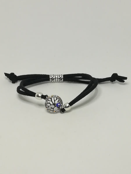 Black Rope & 'Silver' Bracelet & Round Evil Eye Charm ('Silver' & Blue)