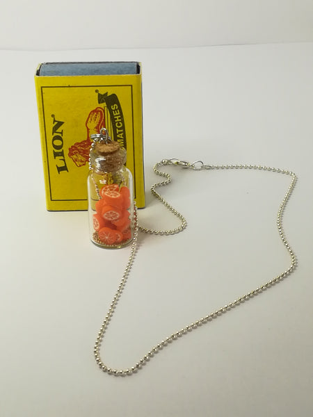Fashion Necklace with Glass Bottle & Cork & Miniature Orange Slices on Bubbly Chain
