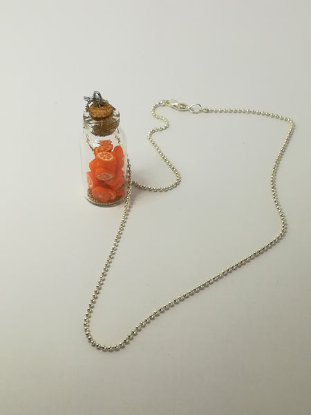 Fashion Necklace with Glass Bottle & Cork & Miniature Orange Slices on Bubbly Chain