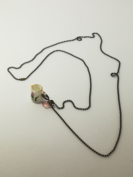 Fashion Necklace with Floral Milk Mug Charm on Bubbly Chain