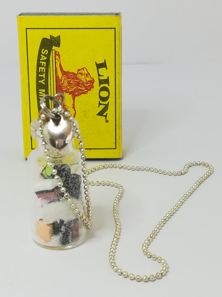 Necklace Liquorice Allsorts in Glass Bottle on Bobble Chain