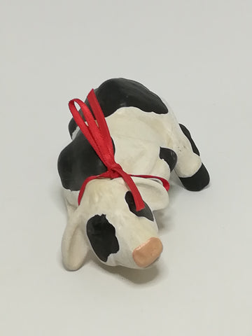 Small Ceramic Black & White Cow with Red Ribbon Around The Neck