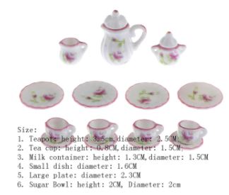 Miniature Tea Set (for Printer's Tray/Dollhouse Pink & White Rose Style