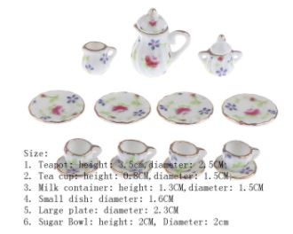 Miniature Tea Set (Miniature, suitable for printer's tray) Red Blue & Green Floral Style