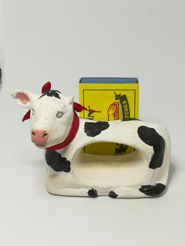 Black & White Ceramic Serviette Holder Cow with Red Ribbon Around The Neck