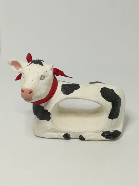 Black & White Ceramic Serviette Holder Cow with Red Ribbon Around The Neck