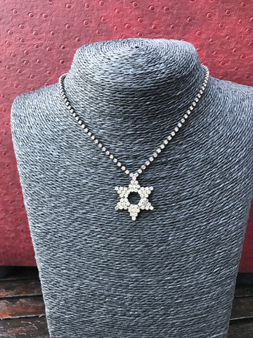 Necklace Clear Diamante Star of David pendant on a pewter and clear diamante chain