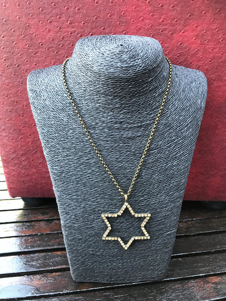 Necklace Yellow Star of David Pendant Crystal diamante on 'bronze' chain