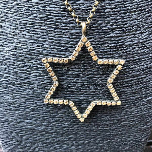 Necklace Yellow Star of David Pendant Crystal diamante on 'bronze' chain